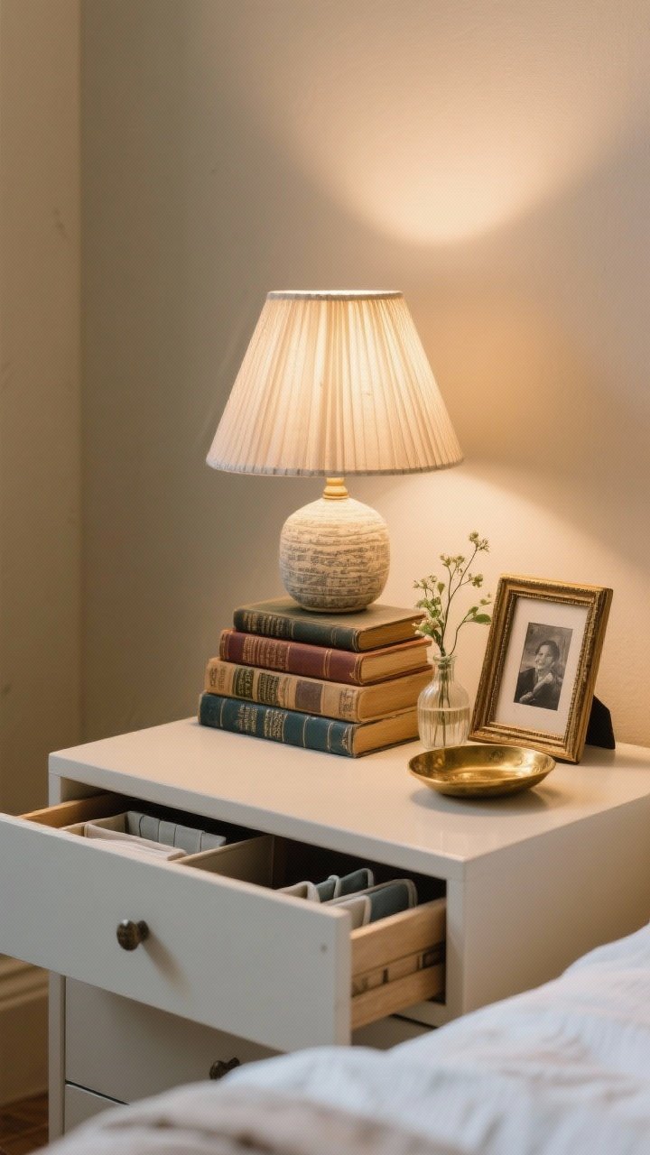 Closeup of a charming nightstand vignette: small lamp with a pleated fabric shade, a neat stack of vintage-covered books used as a riser, a petite framed photo, tiny bud vase, and a brass trinket dish; drawer slightly open revealing tidy organizers; warm, intimate bedside lighting; no clutter; photorealistic, no people.