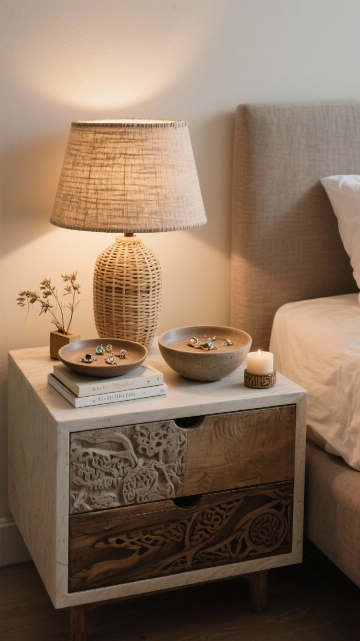 Closeup of an artfully styled nightstand: textural lamp (rattan or ceramic) casting warm light, a low bowl or tray with jewelry, a small stack of books, and a tiny plant or dried stems; optional carved box and candle; mismatched nightstand style implied by a different material on the opposite side out of frame; uncluttered, curated look; photorealistic.