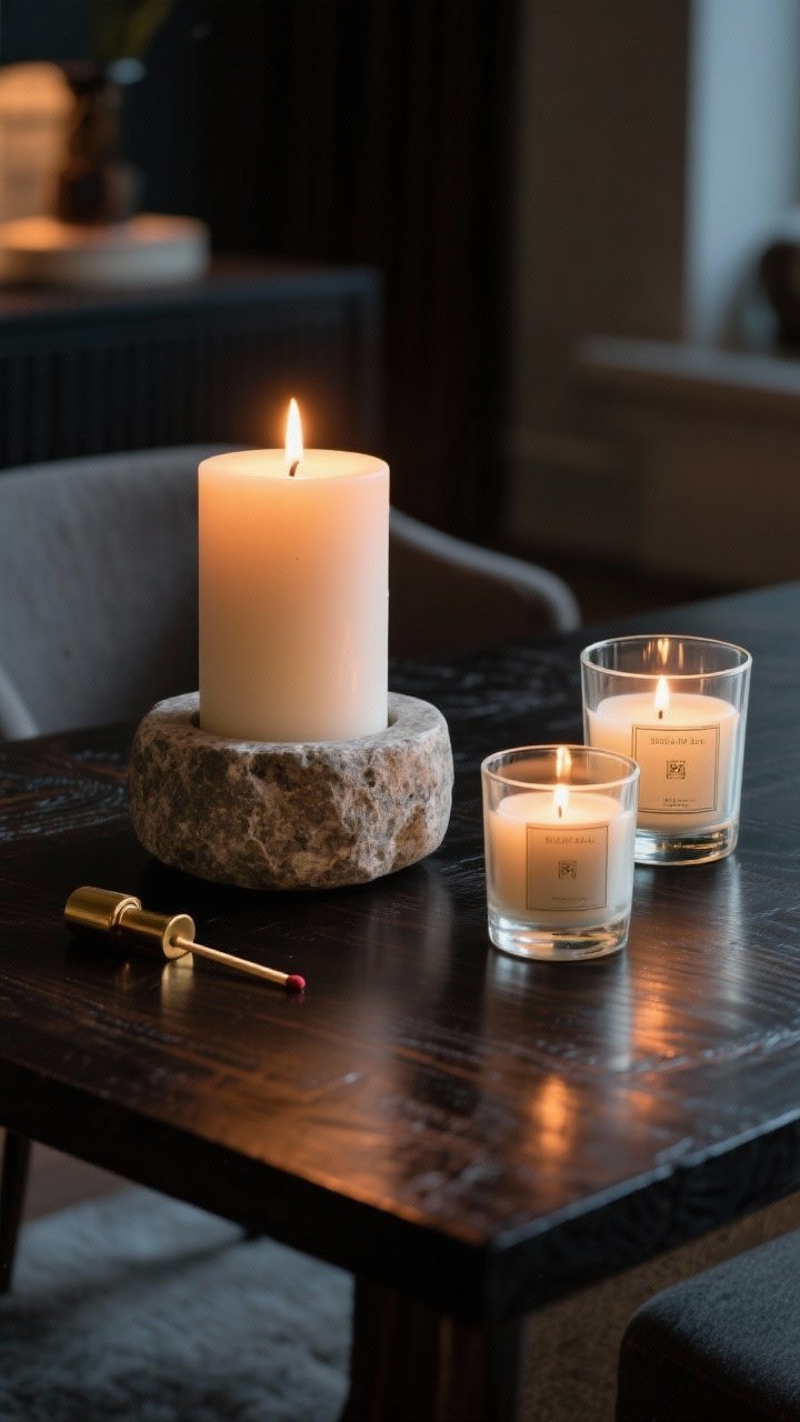 Closeup of candle styling: a large statement pillar candle in a stone holder paired with two smaller glass votives, one scented and one unscented. Include a brass match striker nearby. Evening mood with warm candle glow reflecting softly on a dark-stained wood table; shallow depth of field for a cozy, sophisticated feel.