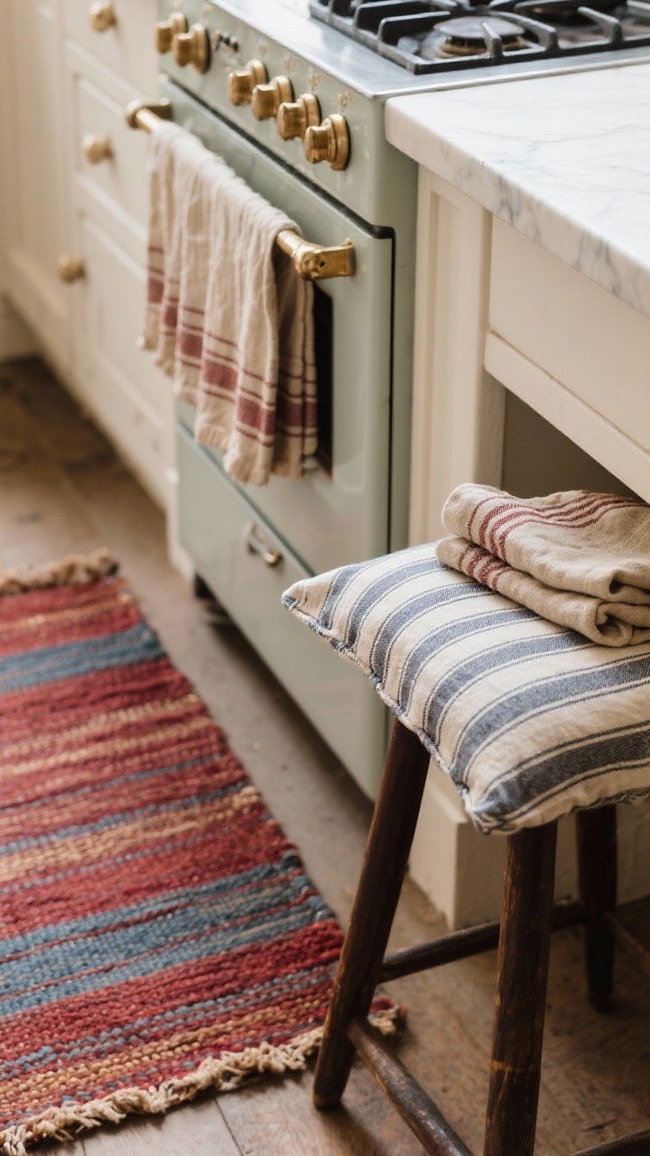 Closeup of layered kitchen textiles: a vintage-look flatweave runner in muted reds and blues underfoot, folded linen tea towels with grain-sack stripes draped over an oven handle, and a ticking-stripe seat cushion on a counter stool; soft natural lighting emphasizing cozy texture and weave.