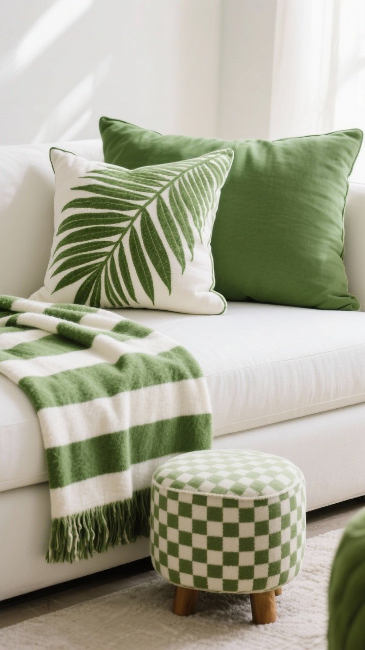Closeup of mixed green-and-white textiles: a large-scale palm leaf pillow, a medium-scale green-and-white stripe throw, and a small-scale tiny check footstool; three cohesive green tones only, styled on a white sofa, soft natural light emphasizing pattern scale and fabric texture