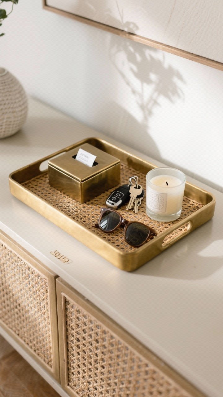 Closeup overhead shot of a styled catch-all tray: a rectangular brass or rattan tray centered on a console with 6 inches breathing room all sides, a small lidded box for receipts, car keys neatly placed, sunglasses, and a petite candle in frosted glass; textures include metal, smooth ceramic, and woven; soft afternoon light, tidy and intentional
