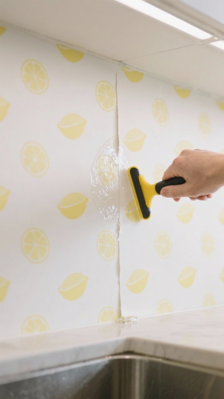 Closeup process detail of a peel-and-stick wallpaper installation in a kitchen: a smoothing tool pushing out air bubbles from the center, aligned pattern repeats being dry-fitted along a seam. The design is a subtle lemon motif on an off-white background. Walls appear freshly cleaned and dry; a small bead of clear sealant near a sink seam is visible. Bright task lighting, photorealistic.