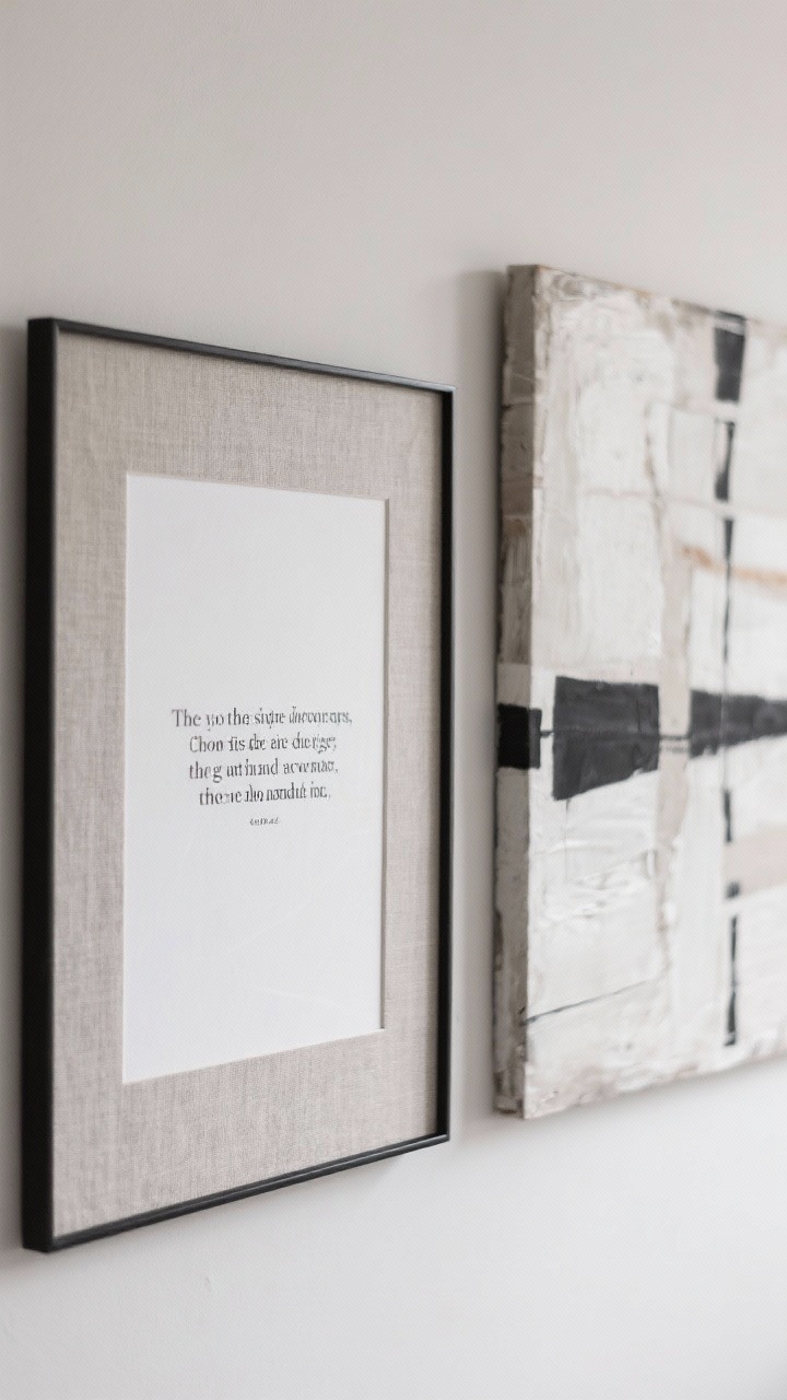 Closeup, straight-on detail of a mixed arrangement featuring a minimalist black-and-white quote print in refined typography paired with abstract art; short phrase or single word in elevated font; muted tones and a linen mat or fabric mount add texture; frames simple and thin to keep it sophisticated; soft, even lighting for clarity and a polished, photorealistic finish.
