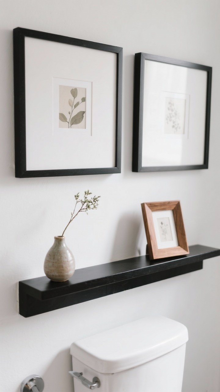 Closeup, straight-on detail of a narrow black picture ledge mounted over a toilet on a white wall; two small black frames and one small wood frame lined up with a mini ceramic bud vase holding a single stem, subtle seasonal art prints in neutral tones, shallow ledge casting a soft shadow, modern gallery vibe with a hint of warm spa energy from the wood