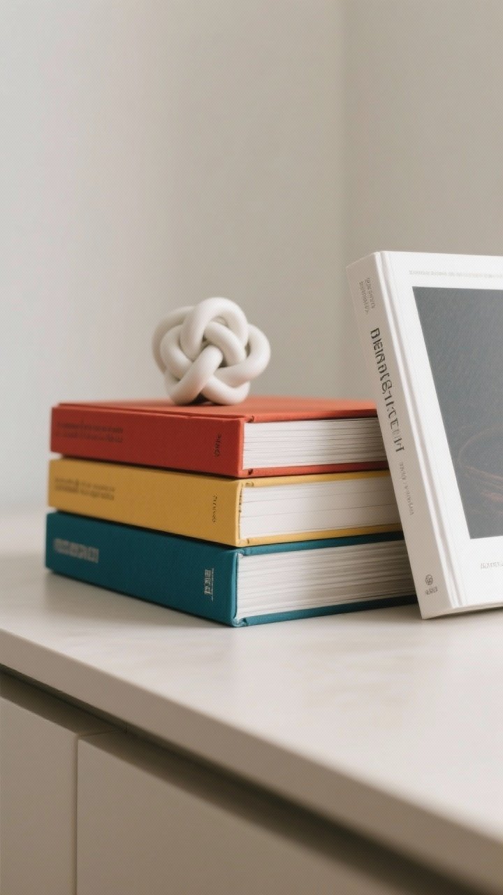 Closeup, straight-on shot of 2–4 large art and design books stacked horizontally with bold spine colors, dust jackets removed for an editorial look. On top sits a small white ceramic knot; to the side, a single vertical leaning book for dimension. Soft diffused light highlights paper texture and edges; neutral table surface, clean background.