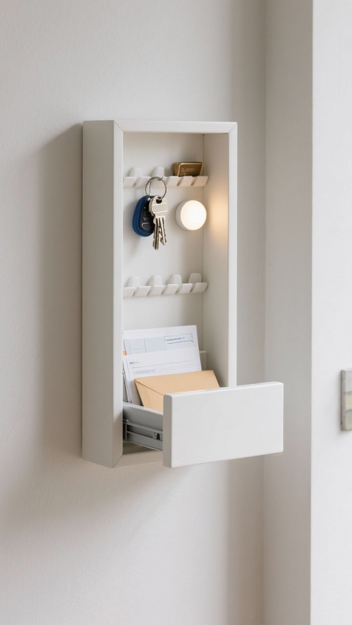 Closeup, straight-on shot of a slim wall-mounted drawer in a minimalist entry; drawer slightly open revealing small dividers organizing keys, fobs, and mail, plus a stick-on LED puck light glowing inside; clean, clutter-free exterior in matte white with a discreet pull; kid- and pet-proof vibes; soft, even lighting and shadow control for serene mood.