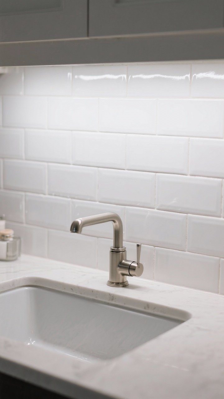 Closeup straight-on shot of a stick-on tile backsplash behind a utility sink: realistic 3D gel subway tiles in a glossy white finish running 14 inches high, finished with clean trim strips on the edges; brushed nickel faucet, light reflecting off tiles; minimal countertop accessories for a fresh, custom look.