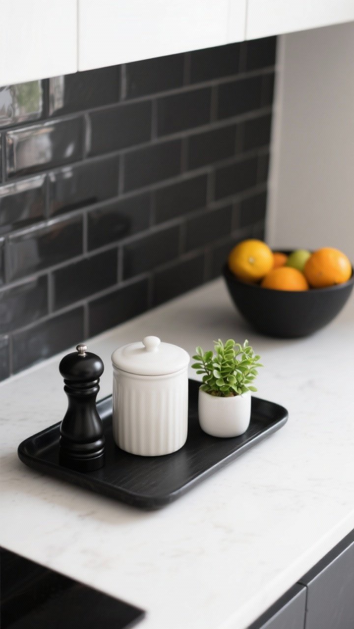 Closeup styling shot: Minimal, intentional decor on a white countertop—group of three on a black tray: matte black pepper mill, white ceramic canister, and a small green plant; nearby, a black fruit bowl with bright citrus against a black tile backsplash; clean lines, tidy surfaces, soft natural light.