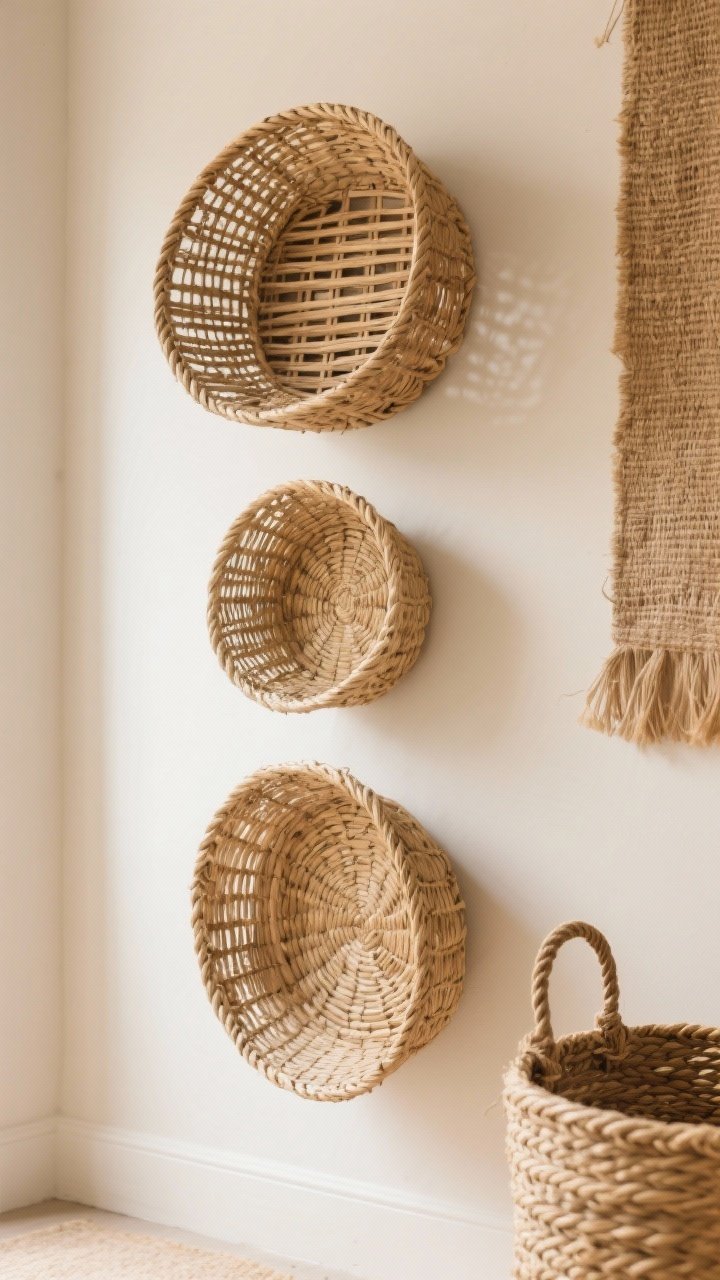 Closeup textural shot of a trio of woven wall baskets arranged large–medium–small on a light wall, showcasing rattan and seagrass weave; adjacent hint of a jute runner and rope-handled hamper echoing the texture; neutral palette with warm lighting, adding depth and softness to an otherwise utilitarian space.