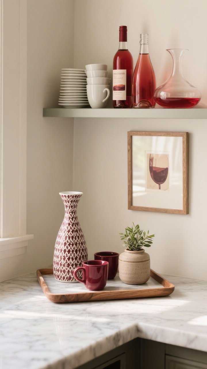 Closeup vignette of a coffee/wine nook: a marble or wood tray as the base holding a patterned carafe, burgundy mugs, a ceramic canister, and a small plant; a tiny framed print in wine tones set behind; a narrow floating shelf above with neatly stacked cups and a couple of red-toned bottles and decanters; cozy, intentional styling with soft morning light.