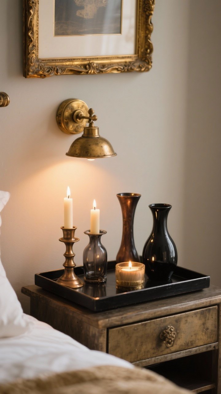 Closeup vignette of glowy metals and candlelight on a nightstand: aged brass picture light glow reflecting off antique gold accents, oil-rubbed bronze candleholder with candles in smoked glass and black vessels of varying heights; items corralled on a dark tray; the scene emits a warm, flickering radiance.