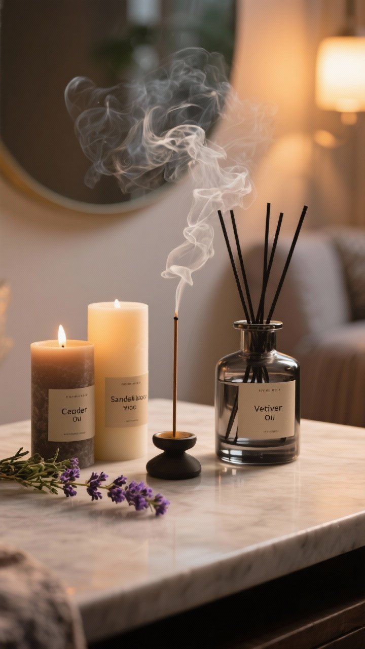 Closeup vignette of scent styling: a smoked glass diffuser and candles labeled cedar, sandalwood, and vetiver arranged with an incense holder for smoky oud; a small sprig of lavender nearby; warm evening light and gentle steam from the diffuser create a calm, grounding ambiance.