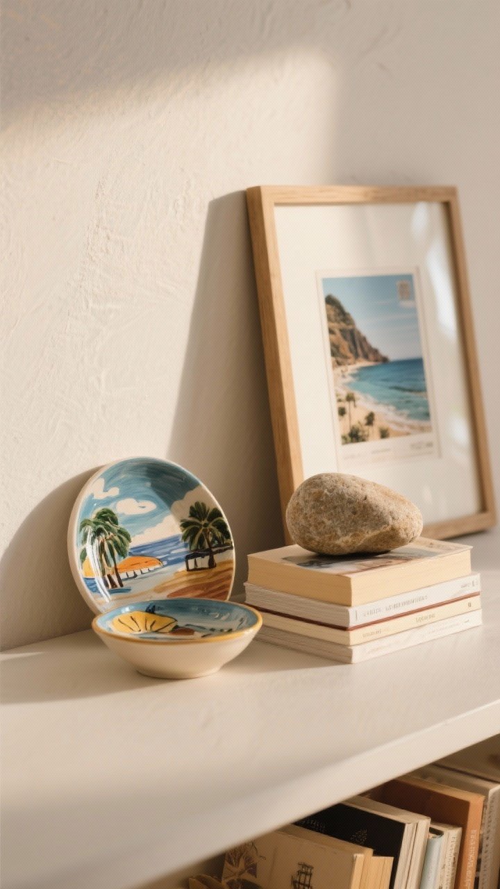 Closeup vignette of travel treasures: a cluster of three related souvenirs—a small hand-painted ceramic dish, a framed postcard leaned against the wall, and a smooth beach stone—arranged beside a short stack of books that elevates one special item; warm, personal mood, soft side lighting, uncluttered negative space