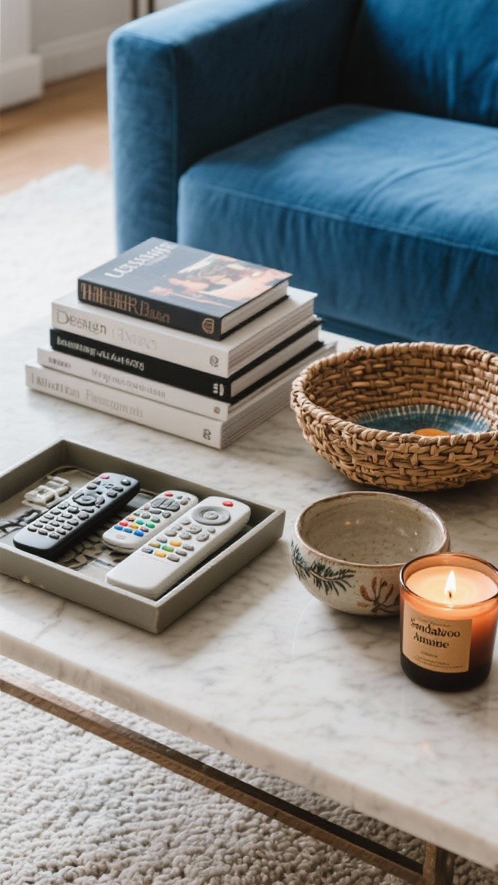 Coffee table overhead detail: Personal layers in front of a blue couch—stacked design books, a chic tray corralling remotes, a ceramic bowl and woven basket from travel, and a lit candle labeled with warm notes like sandalwood and amber; intimate, lived-in styling, photorealistic.