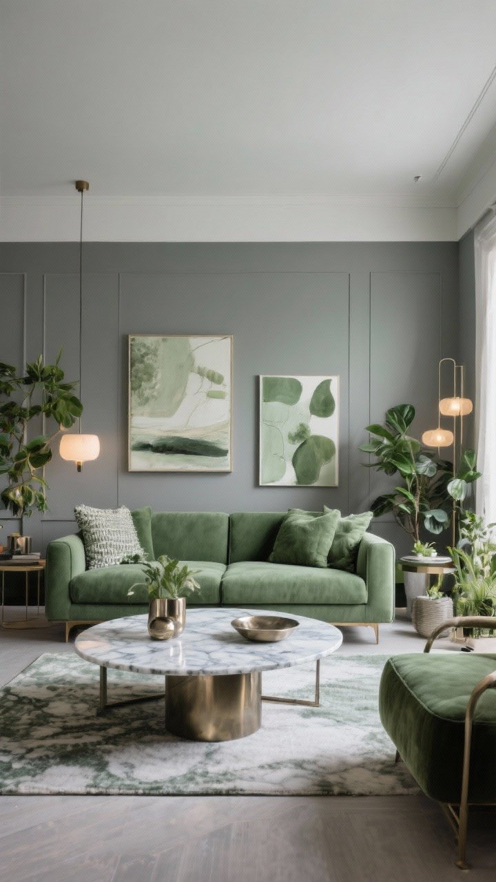 Conclusion-inspired wide shot: A cohesive green-and-grey living room showcasing the full formula—soft grey foundation walls, chosen green (sage-olive blend), layered textures, marble coffee table, selected metal accents, curated art, plants, and layered warm lighting. Balanced, photorealistic styling that feels high-end yet adaptable. Mood: calm, stylish, versatile.