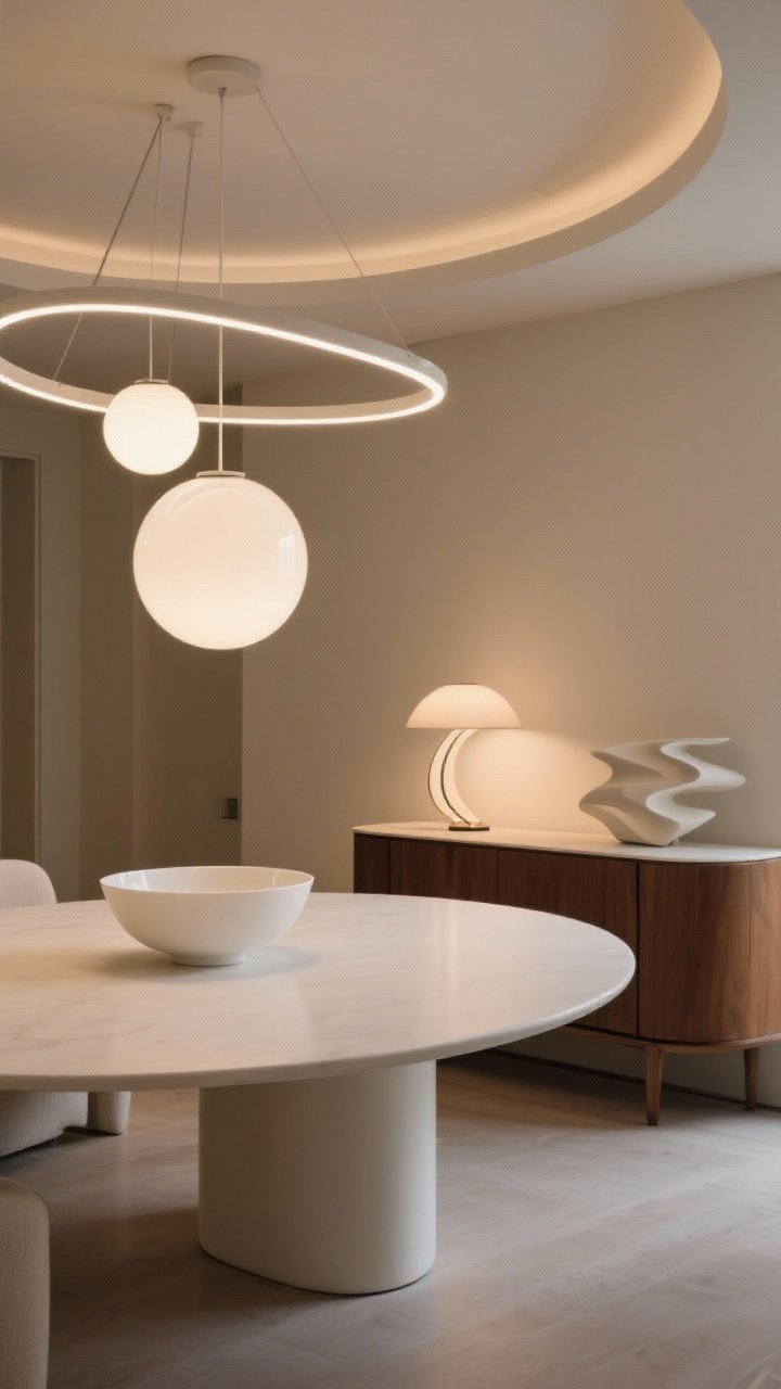 Corner angle medium shot: Curves balancing geometry—an oval dining table with rounded edges, white opal glass globe lights casting a halo glow, and a curved buffet lamp on a sideboard; include a wavy sculptural bowl as an accent; warm, even illumination, photorealistic.