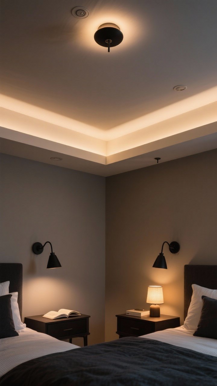 Corner angle medium shot: Designer lighting scheme with three layers—ambient ceiling light on a dimmer, black swing-arm sconces mounted above each nightstand for reading, and a small accent lamp casting a warm 2700–3000K glow. Avoid harsh overhead glare; the room feels moody and inviting.