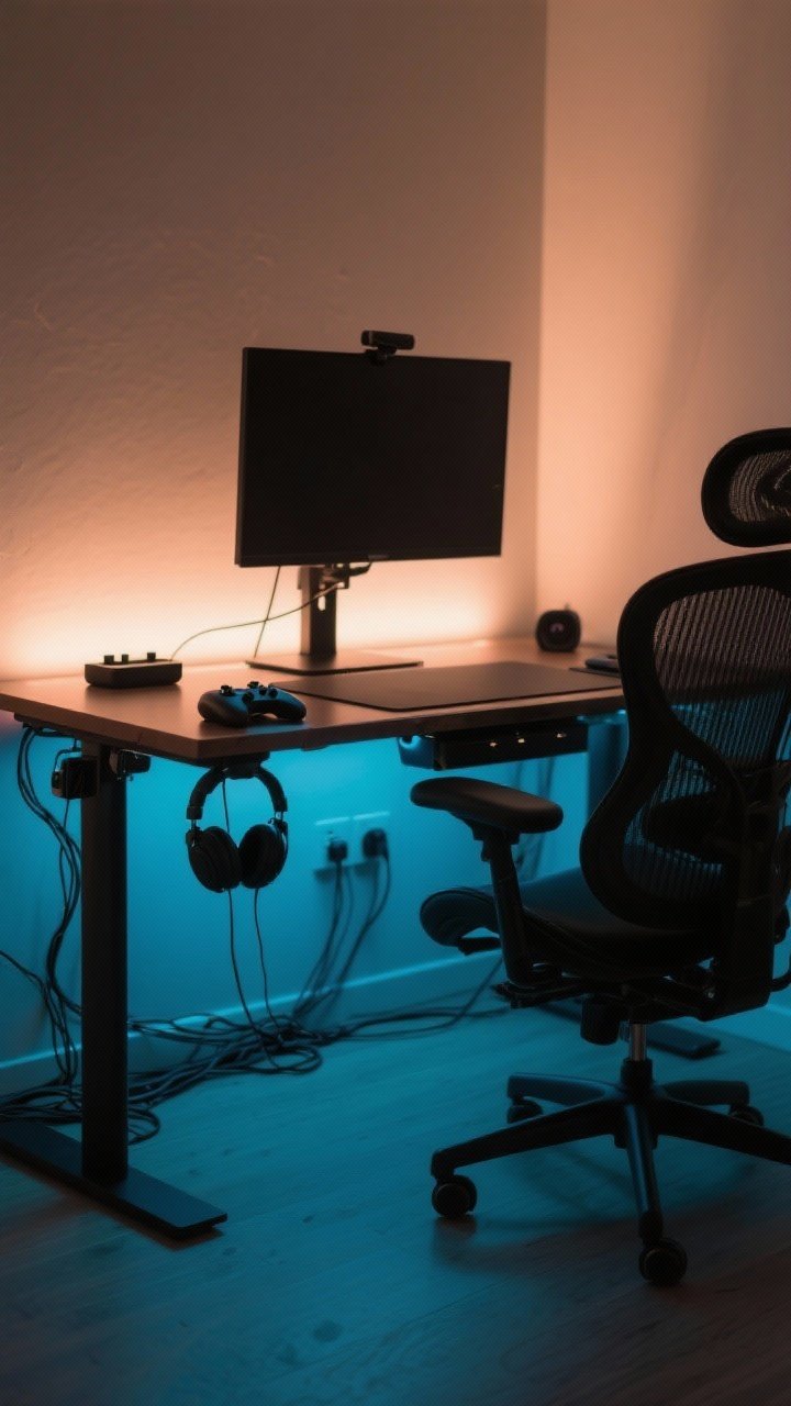 Corner angle medium shot: Gamer-approved desk setup without clutter—a desk with cable grommets, monitor on a mounted arm, soft LED bias lighting behind the screen and warm RGB under-desk glow. Under-desk headphone hook and controller dock, sleek black mesh ergonomic chair. Cables hidden, clean surfaces, matte black accessories, calm ambient evening lighting.