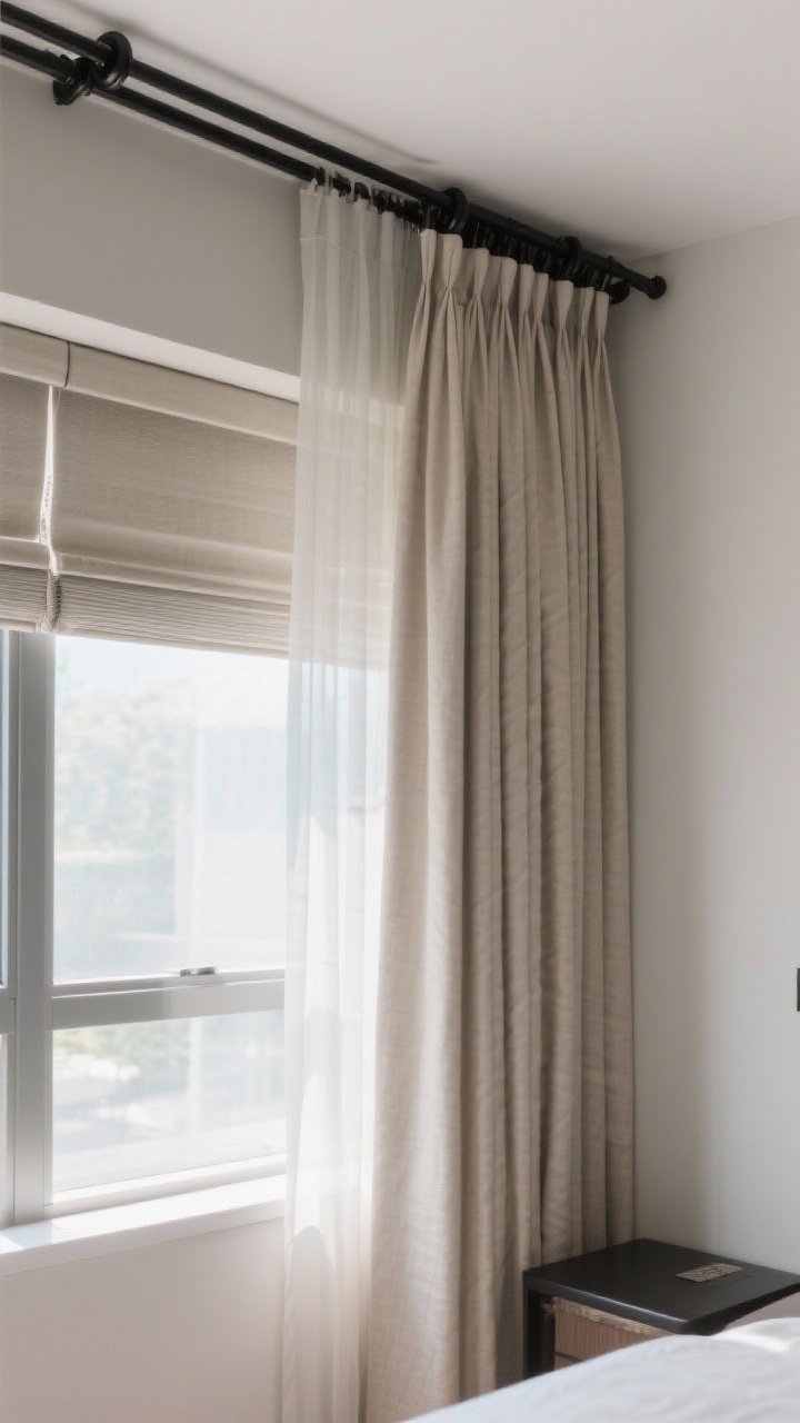Corner angle medium shot of tailored window treatments: black curtain rods mounted high and wide with neutral linen panels, layered with solar shades for privacy; optional sheer + blackout pairing for a hotel-dark effect; show how the mounting height visually lifts the ceiling; daylight softly diffused through fabrics.