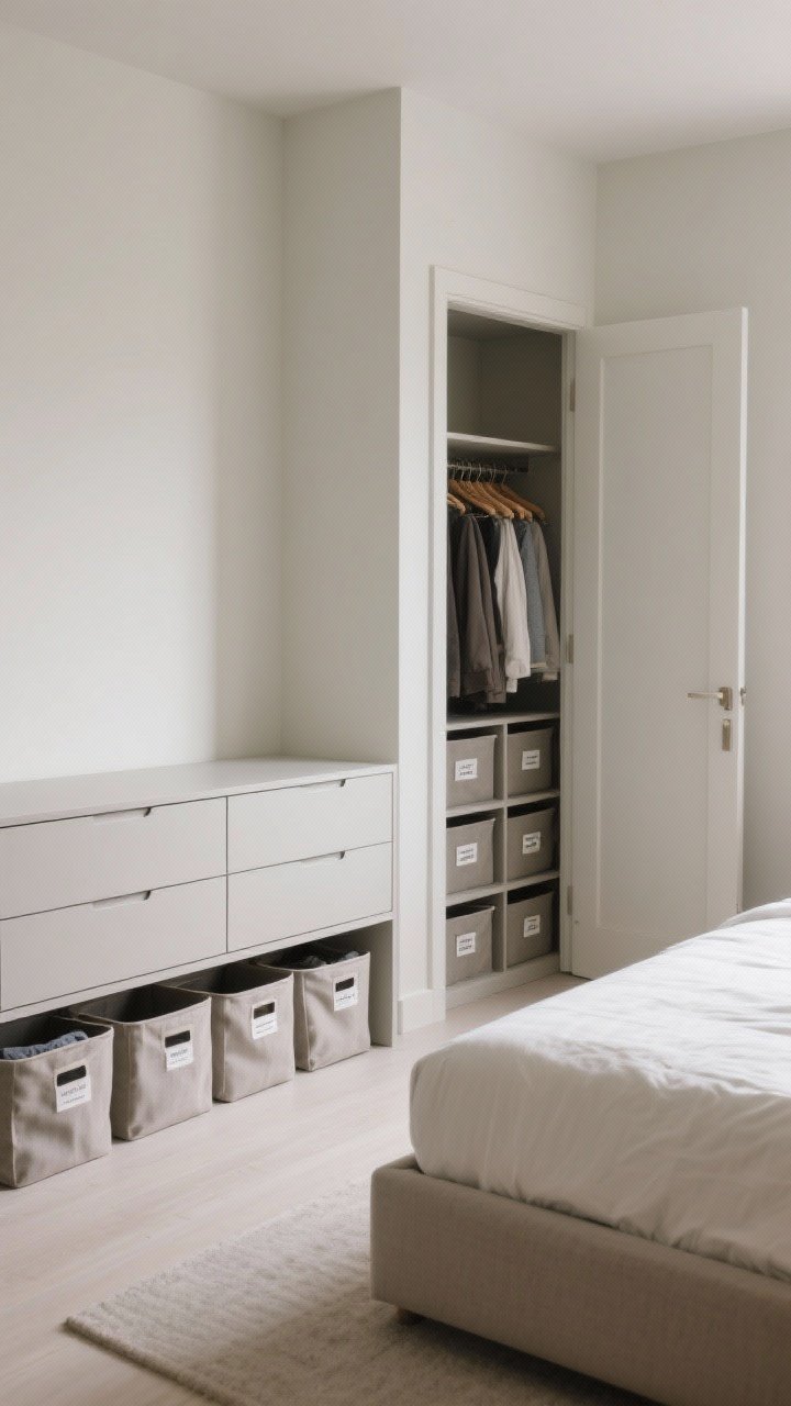 Corner angle medium shot: Streamlined storage setup with a dresser featuring flat, fuss-free fronts and no ornate hardware; under the nearby platform bed, matching fabric bins for off-season clothes; closet door ajar revealing matching hangers and labeled bins; bare dresser surface, organized and tidy; neutral lighting, photorealistic.