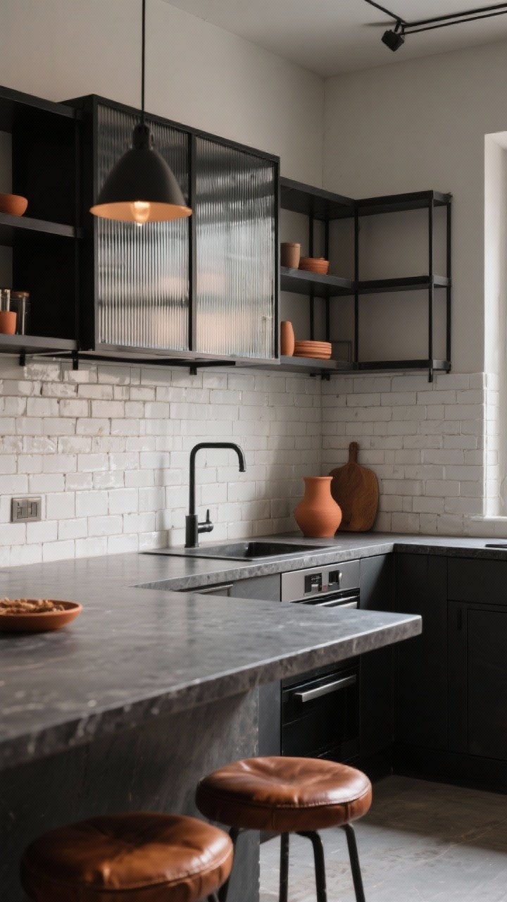 Corner angle shot: Industrial-chic kitchen with charcoal concrete-look quartz countertops in a slightly honed finish, paired with black steel open shelving, ribbed glass cabinet doors, and warm accents like leather stools and terracotta accessories; a white brick or zellige backsplash balances the moodiness; soft warm lighting, photorealistic.
