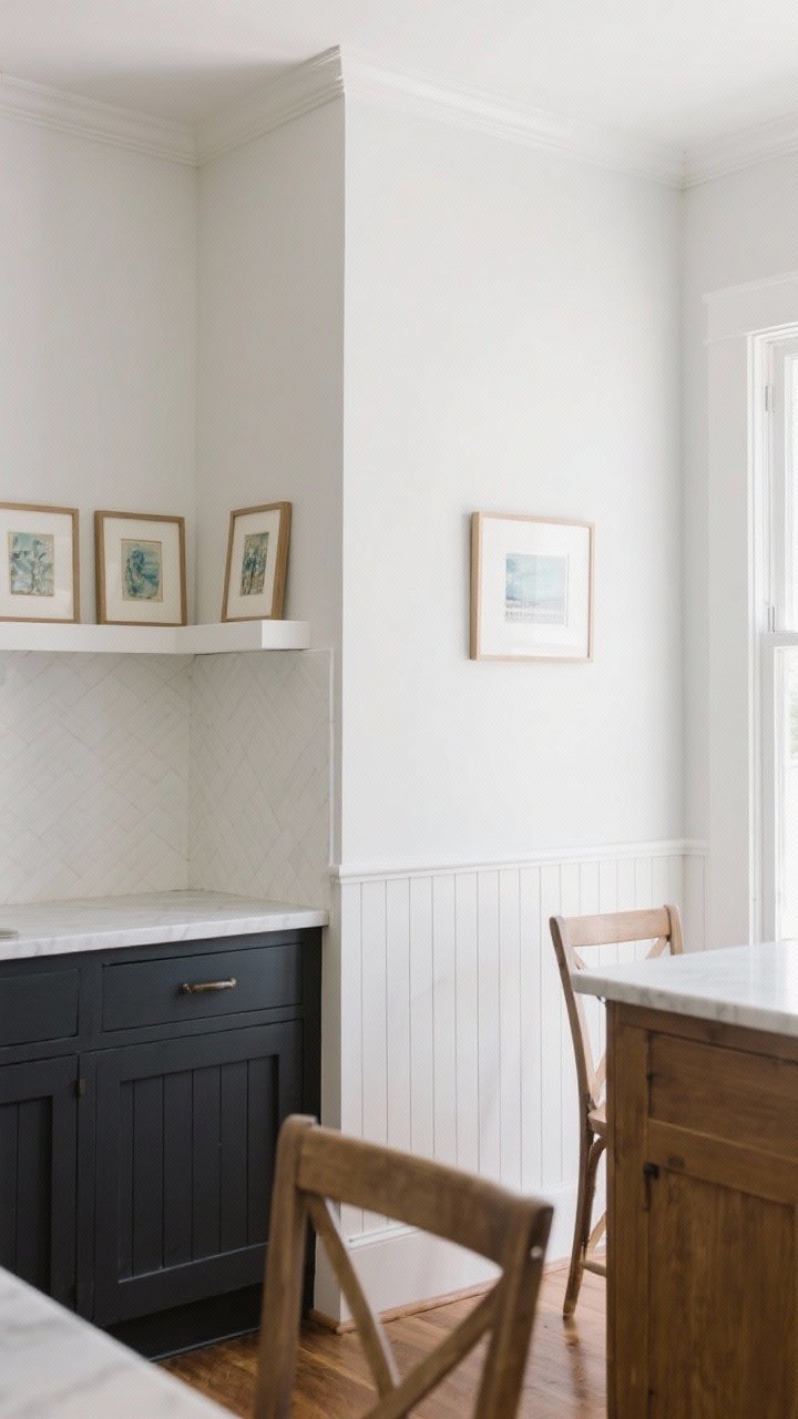Corner angle shot of tasteful wall paneling: a breakfast nook with beadboard half-wall painted soft white, topped with a simple narrow ledge displaying small framed art; nearby, an island back in vertical shiplap painted a contrasting charcoal; clean lines and bright natural light for fresh architectural charm.