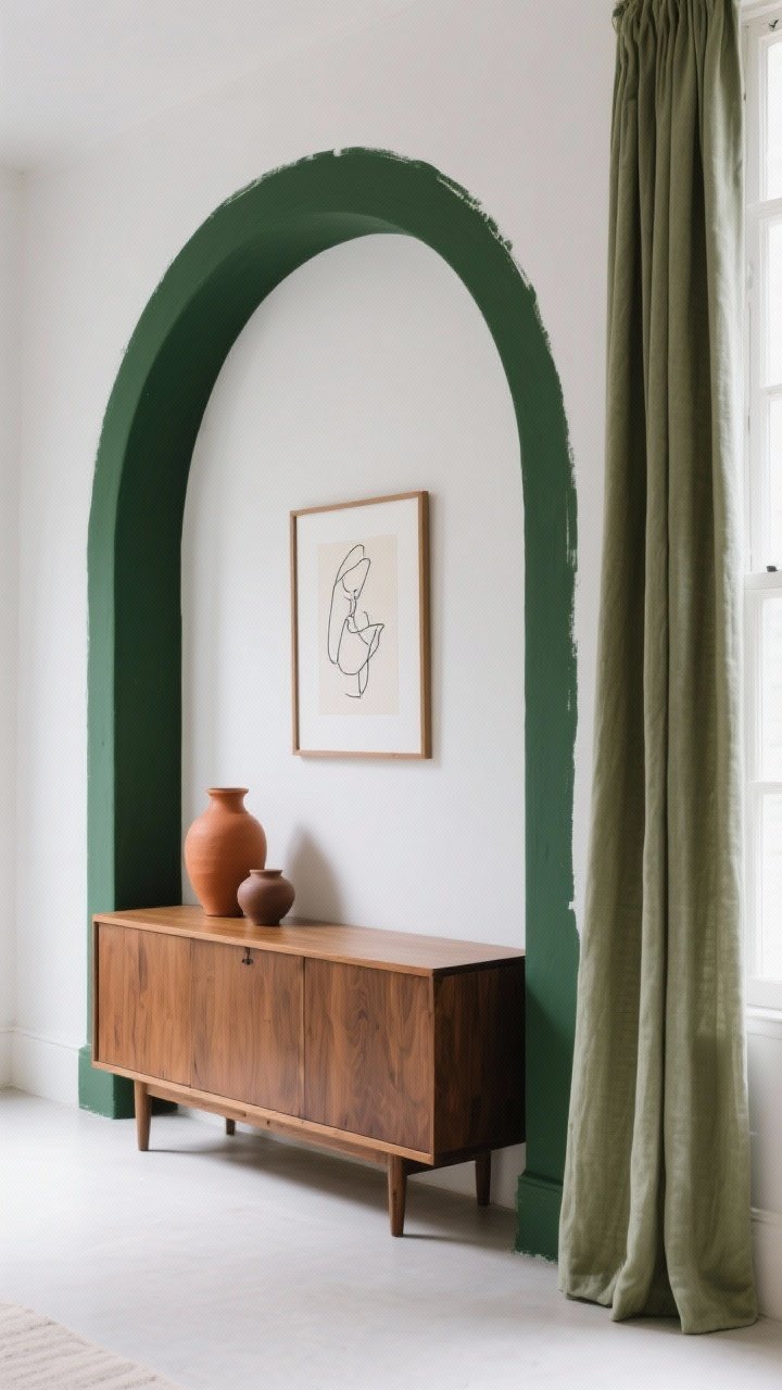 Corner-angle wide shot of a high-impact color block: a deep olive painted arch framing a wood credenza on a white wall; crisp painter’s-tape edges, level and sharp; simple art—one understated line drawing—hung within the arch; terracotta ceramics and a cinnamon-toned vase atop the credenza; soft sage linen curtains at the window, daylight streaming for a calm yet moody atmosphere