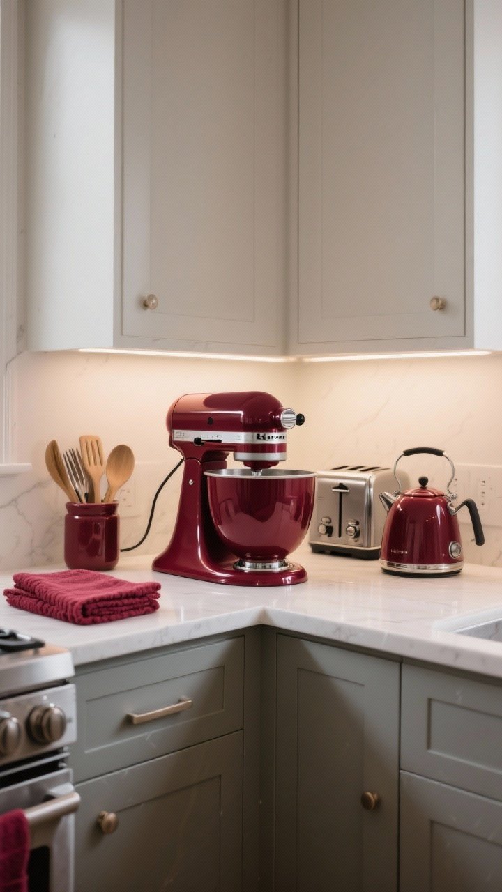 Corner countertop shot featuring a burgundy stand mixer as the hero item, with a matching kettle or toaster in the background (choose one to avoid clutter); finishes kept consistent (matte or glossy) across the appliances; coordinated burgundy dish towels and a utensil crock echoing the color; clean, intentional styling under soft under-cabinet lighting.