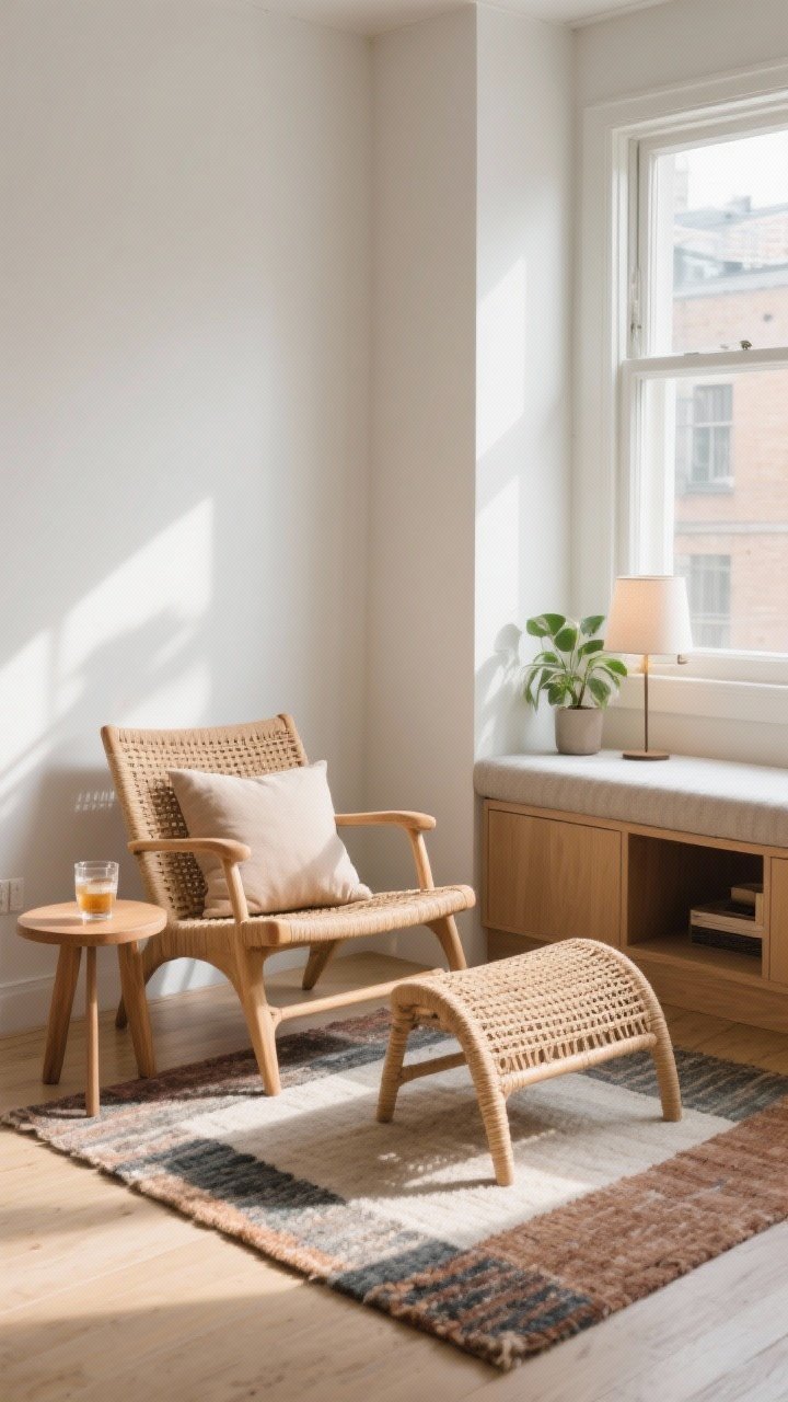 Corner medium shot: A chill lounge spot in a small room—low-profile rattan lounger or slipper chair with a cushy throw pillow, a compact side table for drinks, layered small rug defining the zone, optional window bench with hidden storage if space allows; include a small plant or lamp for warmth; natural afternoon light creating a relaxed vibe.
