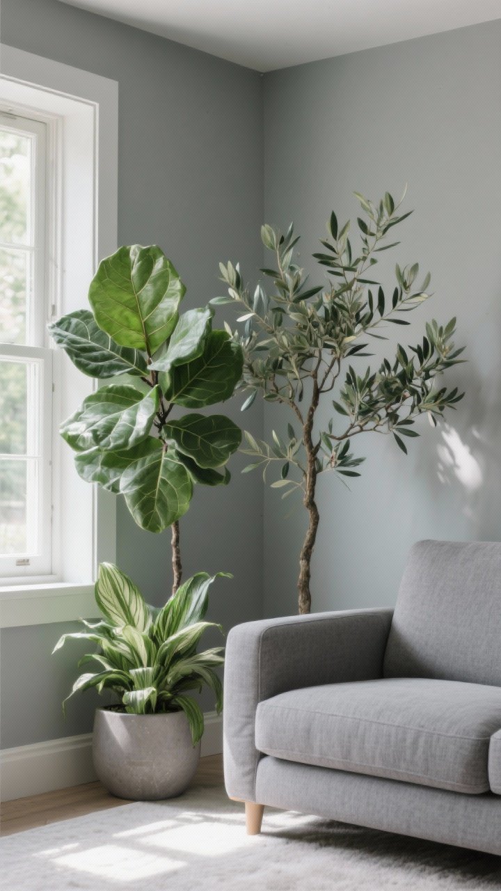 Corner medium shot: A plant-focused vignette in a grey and green living room—fiddle leaf fig in bright indirect light near a window, a ZZ plant thriving in a low-light corner, and an olive tree (faux or real) with dusty green leaves beside a grey armchair. Minimal decor, soft morning light. Mood: lively, fresh, organized.