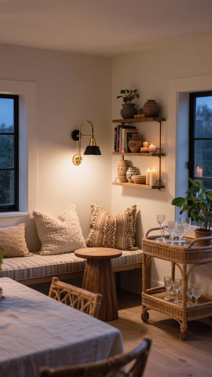 Corner medium shot: Cozy multi-use boho nook within the dining room—a cushioned bench with textured pillows, a small round side table, and a brass or black wall sconce for ambient light. Nearby, a rattan bar cart styled with pretty glassware and a plant, plus a slim bookcase holding cookbooks, pottery, and candles. Inviting evening glow.