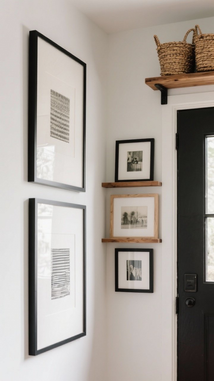 Corner medium shot emphasizing verticals: a tall stacked pair of slim framed artworks, a narrow picture ledge with layered frames, and an over-door shelf holding woven baskets; consistent black and natural wood frames keep it cohesive; upward pull with soft natural light, photorealistic