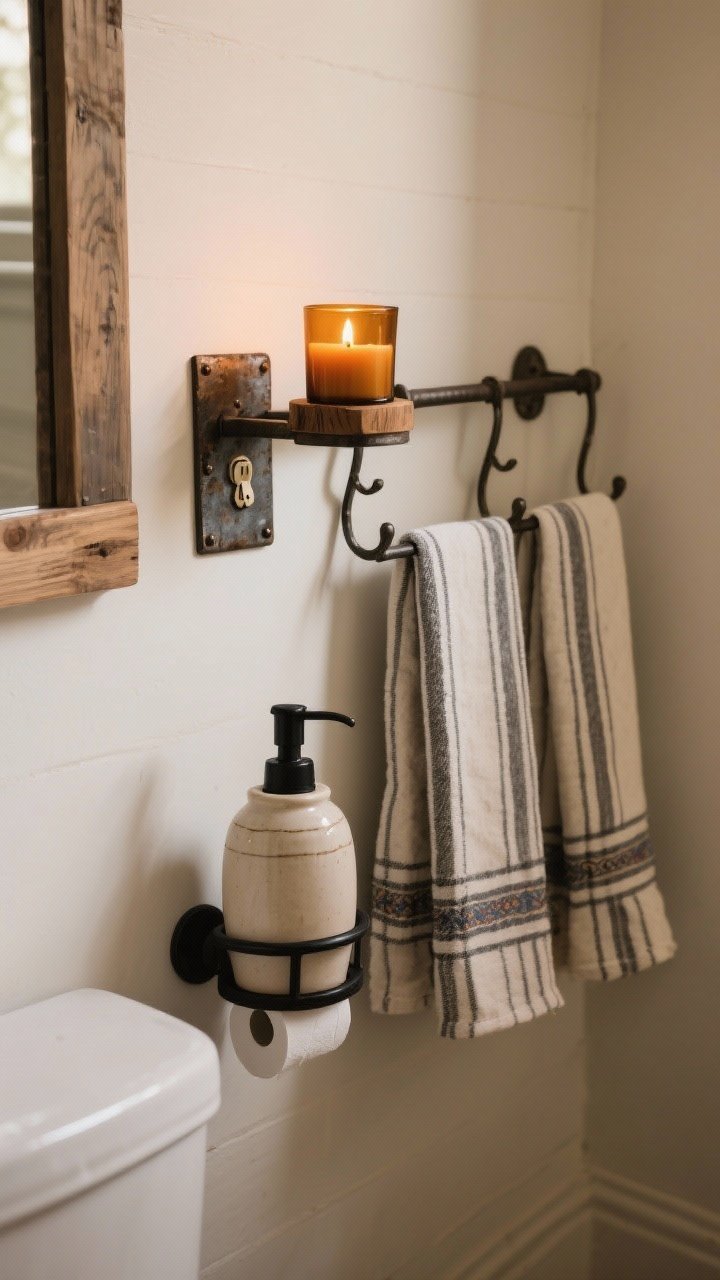 Corner medium shot: Farmhouse finishing touches—ceramic soap pump, vintage metal hooks with striped Turkish towels, an amber glass candle glowing softly, and an aged metal switch plate; matte black toilet paper holder with a wood accent. Warm, cozy ambiance, photorealistic materials.