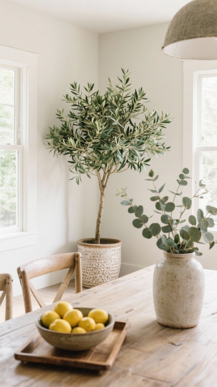 Corner medium shot: Farmhouse greenery—an olive tree in a textured ceramic planter placed in a dining room corner; on the table, a tall vase with realistic eucalyptus branches and, nearby, a bowl of lemons on a wood tray; leaves look matte and natural (no plastic shine); bright, natural light enhancing fresh greens.