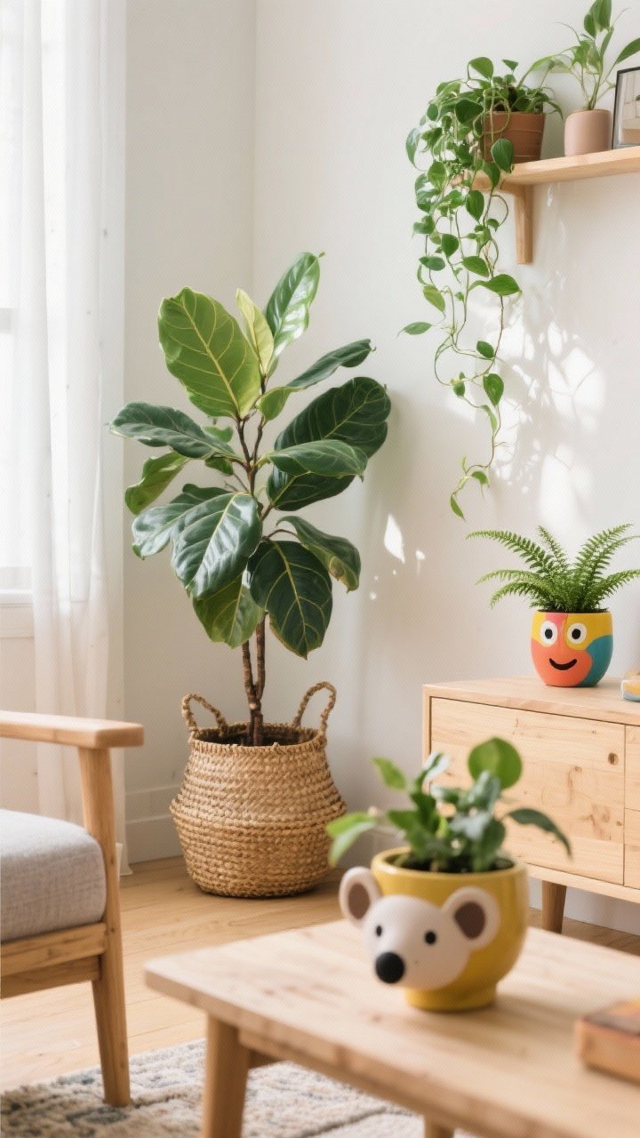 Corner medium shot inviting nature in playfully: a rubber plant in a woven planter as the statement plant, trailing pothos cascading from a wall shelf, and a mini fern in a colorful face-shaped pot on a coffee table; add one whimsical animal-shaped planter on a console; bright but diffused daylight, fresh and lively vibe with light wood and natural textures.