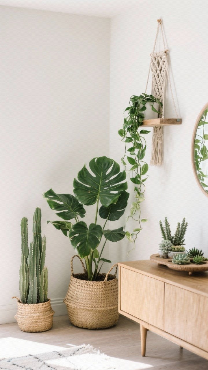 Corner medium shot: Lush boho greenery—statement fiddle leaf fig in a woven basket, trailing pothos in a macrame hanger and on a wall shelf, and table-friendly succulents on a nearby sideboard. Grouped in threes with varied heights, bright indirect daylight maintaining a calm, fresh vibe.