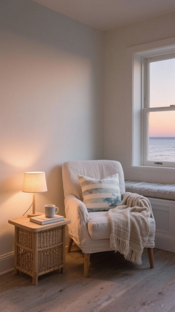 Corner medium shot of a cozy coastal nook: a comfy linen or slipcovered cotton chair, a small rattan or light-wood side table with a mug and book, a textured throw and one pillow in soft stripes or watercolor print, and a low warm lamp for end-of-day vibes; optional window ledge/bench with cushion if visible; twilight warm lighting; photorealistic