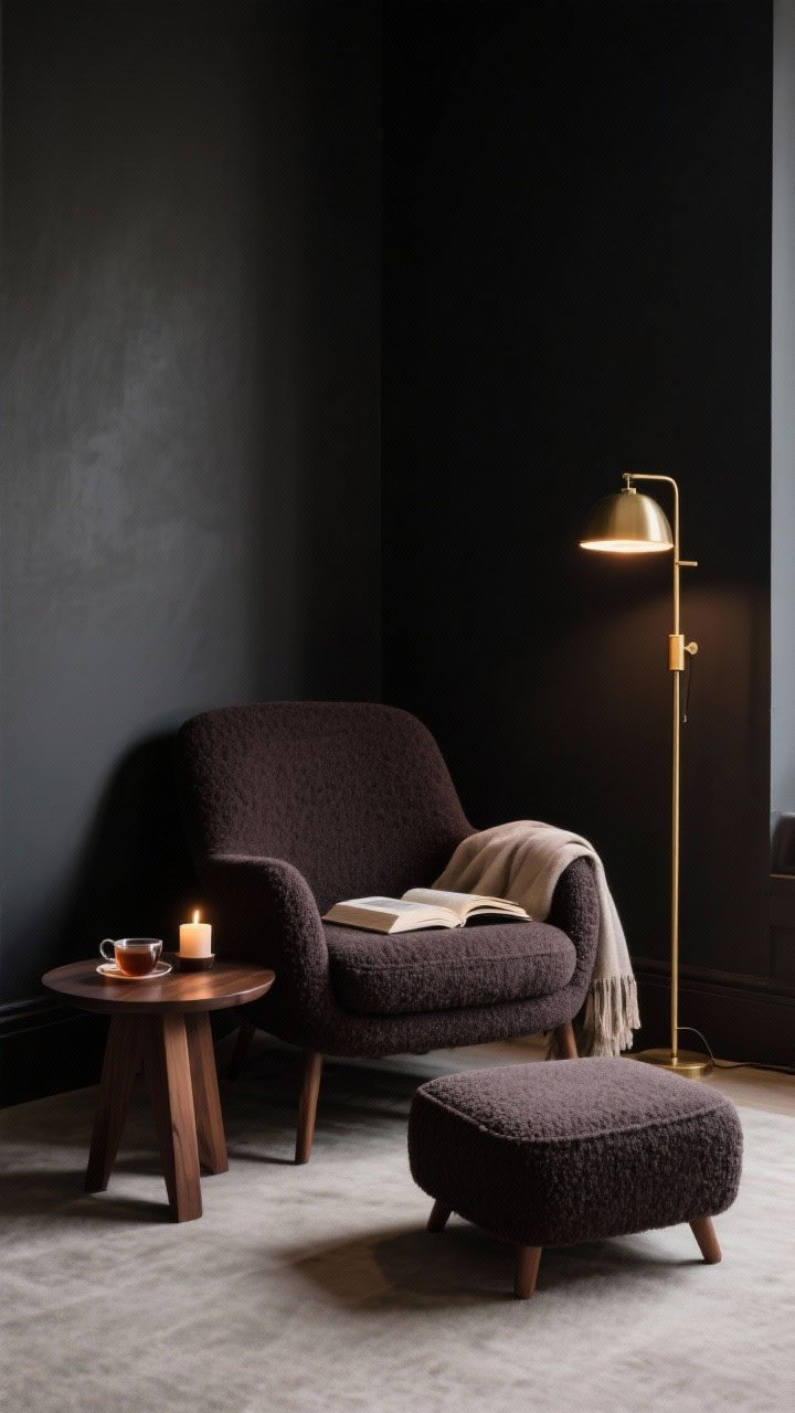 Corner medium shot of a cozy reading nook: a deep-toned boucle lounge chair with a soft throw, a small dark-stained wood side table holding tea and a candle, and a brass floor lamp with a dimmer and warm bulb; include a compact footstool; the surrounding walls are dark, creating an intimate cocoon.