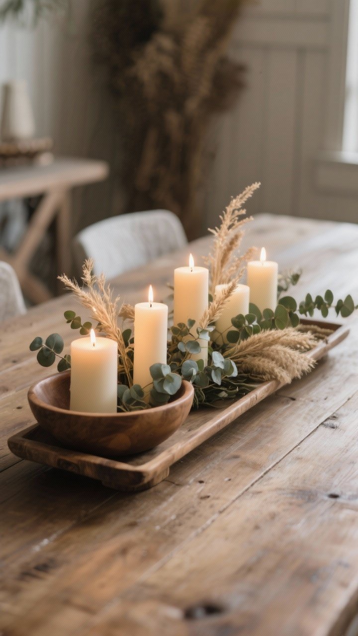 Detail closeup: A low, effortless centerpiece on a farmhouse table—a long dough bowl filled with unscented pillar candles at varying heights, with sprigs of eucalyptus and dried grasses tucked around them; all corralled on a wooden tray for easy movement; soft, warm evening light making the candles and natural textures feel cozy without blocking sightlines.