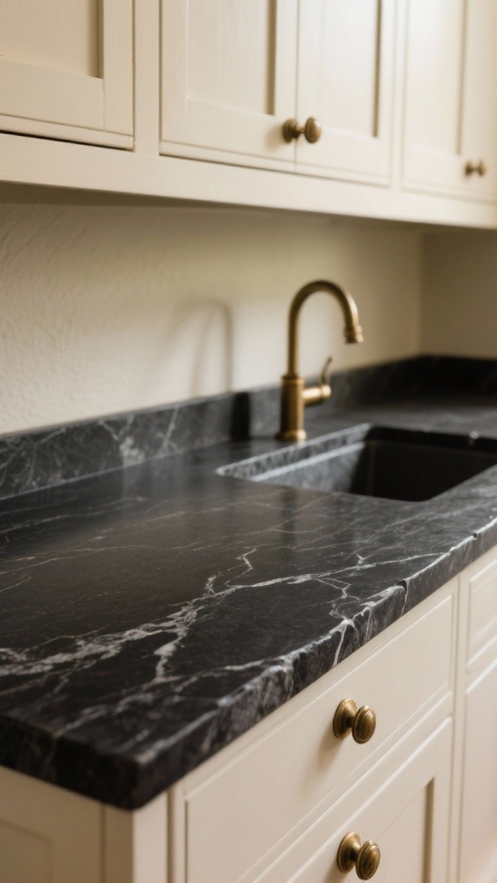 Detail closeup: A moody soapstone countertop in deep charcoal-to-black with soft, silky texture and subtle veining, lightly oiled to deepen color; shown with inset shaker cabinet fronts in cream, antique brass knobs, and an integrated soapstone sink seam for a custom, seamless look; soft putty wall paint in background, warm ambient light, photorealistic.