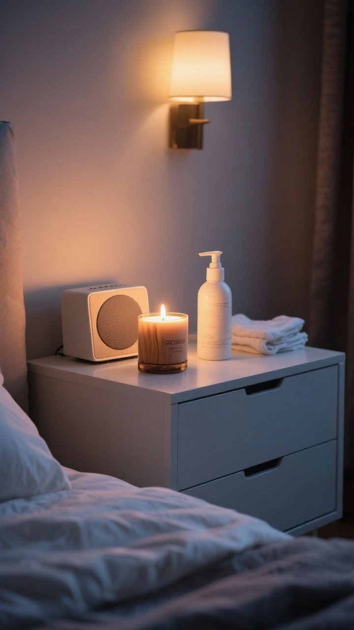Detail closeup: A serene night routine vignette—a single sandalwood candle emitting a gentle glow beside a small speaker on a clean dresser, a linen spray bottle nearby; lights dimmed to warm levels, surfaces freshly cleared, duvet lightly fluffed at the edge of the frame; intimate evening ambiance, photorealistic.