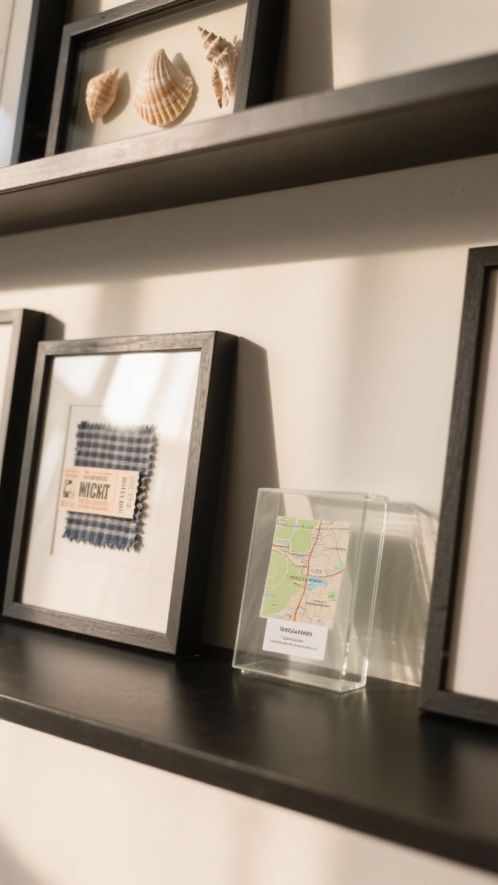 Detail closeup: A small vignette of personal art—shadow boxes with shells and a fabric swatch, framed concert ticket, a mini map with a tiny printed caption label under glass—all in uniform thin black frames on a shelf. Warm natural light, subtle reflections, storytelling without clutter.
