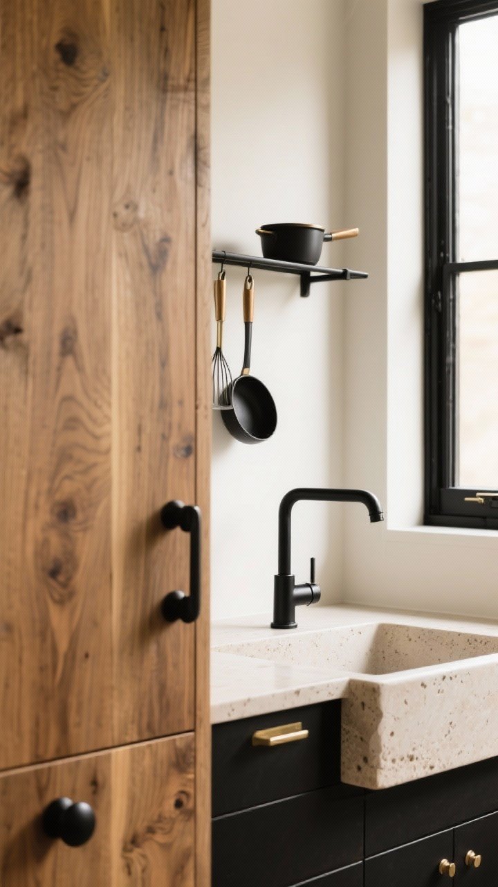 Detail closeup: A vignette of a natural oak cabinet door fitted with matte black pulls and knobs, a black bridge faucet over a light stone sink, and slim black window frames; include a minimal black pot rail with a couple of hanging utensils; soft, warm light highlighting the mixed metals (black with subtle brass/pewter accents).