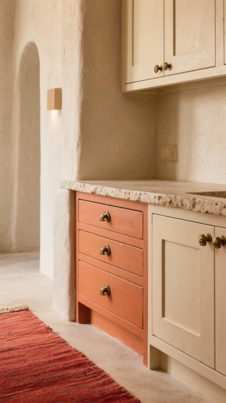 Detail closeup: A vignette of terracotta-painted lower cabinet drawer fronts with aged brass or oil-rubbed bronze hardware beside putty-beige uppers; include a textured stone counter edge, limewash or plaster-look wall in the background, and a muted red runner rug peeking into frame; warm Mediterranean lighting.