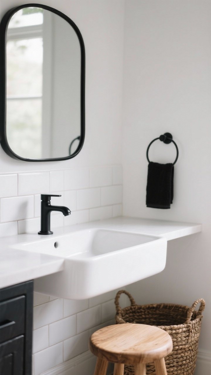 Detail closeup: All-white bathroom vignette with matte black fixtures—focus on a white ceramic sink and counter with a matte black faucet, black towel hook, and a thin black-framed mirror edge; white subway splash and white vanity below; add a small wood stool and a woven basket in the corner for warmth; soft natural light reflecting off light surfaces; tight framing to emphasize finishes and cohesion of rounded shapes.