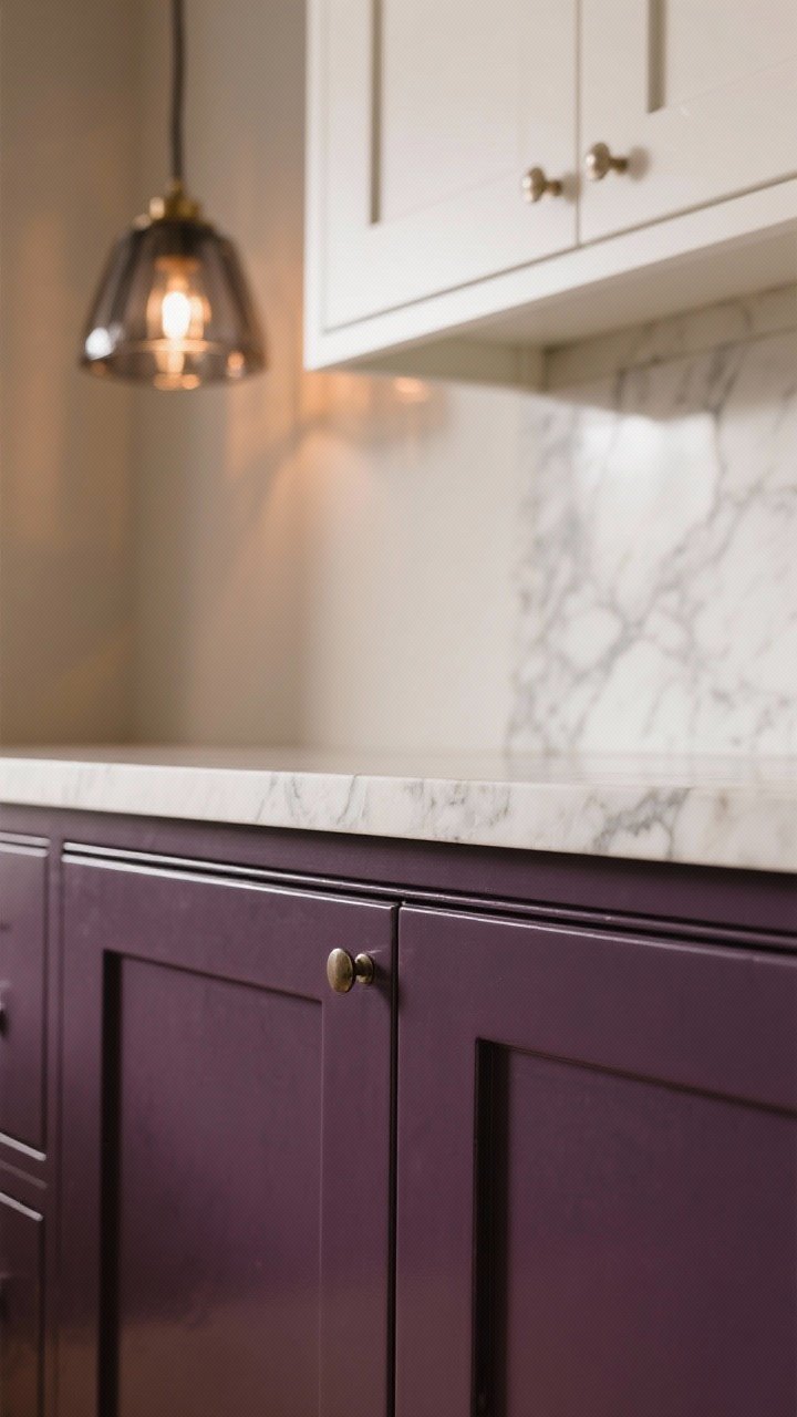 Detail closeup: Eggplant (smoky purple) lower cabinet door in semi-gloss with hardware, veined marble countertop edge above, cloud white upper cabinet just out of focus; include a reflection of smoky glass pendant lighting overhead; warm-neutral lighting to emphasize the moody yet refined undertone that skews brown.