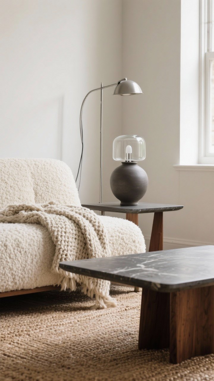 Detail closeup from a corner angle focusing on layered textures: a nubby bouclé cream sofa paired with a sleek matte wood and stone coffee table, a matte ceramic vase beside a small glass lamp, and a jute rug under a streamlined metal floor lamp. Include a chunky knit throw draped on the sofa. Soft window light grazing surfaces to highlight texture contrast.
