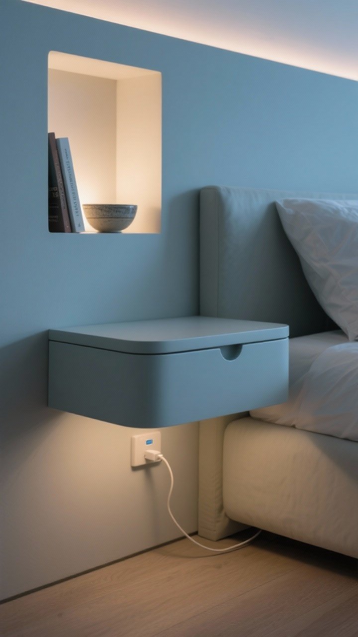 Detail closeup from a low angle: A floating nightstand painted the exact wall color for a built-in look, softly rounded front corners, and a discreet grommet underneath to hide a charging cable. Gentle shadow beneath emphasizes the airy, modern feel; niche shelf nearby with a single book and ceramic bowl, evening ambient light.