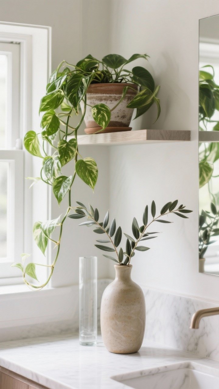Detail closeup: Greenery focus—pothos trailing from a ceramic pot on a shelf, a vase with eucalyptus stems on the vanity, and a slim glass cylinder with olive branches on the windowsill. Soft natural light highlighting leaf texture; fresh, layered, and organic.